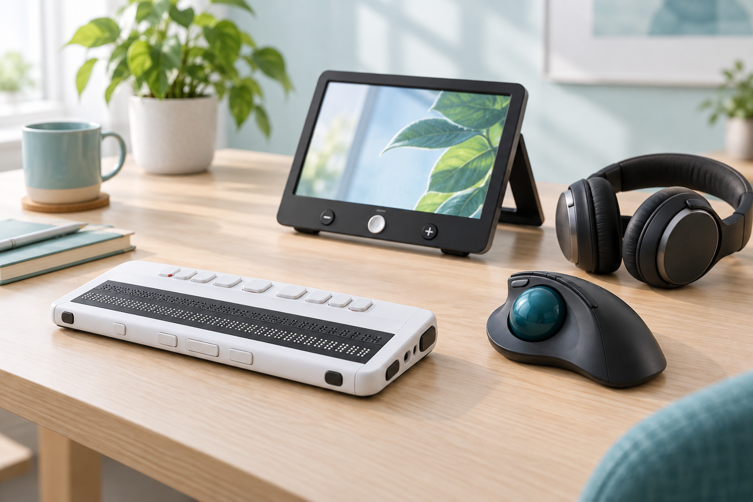 A refreshable braille display, screen magnifier, trackball mouse and headphones on a desk.