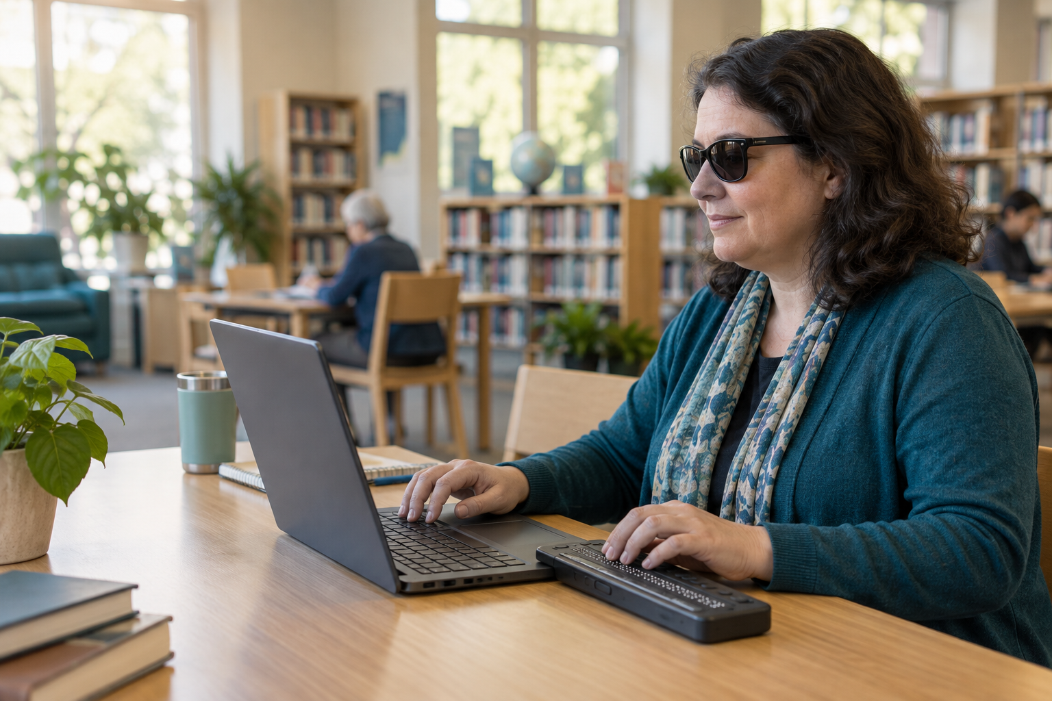 A woman uses a braille display and laptop at a library table.